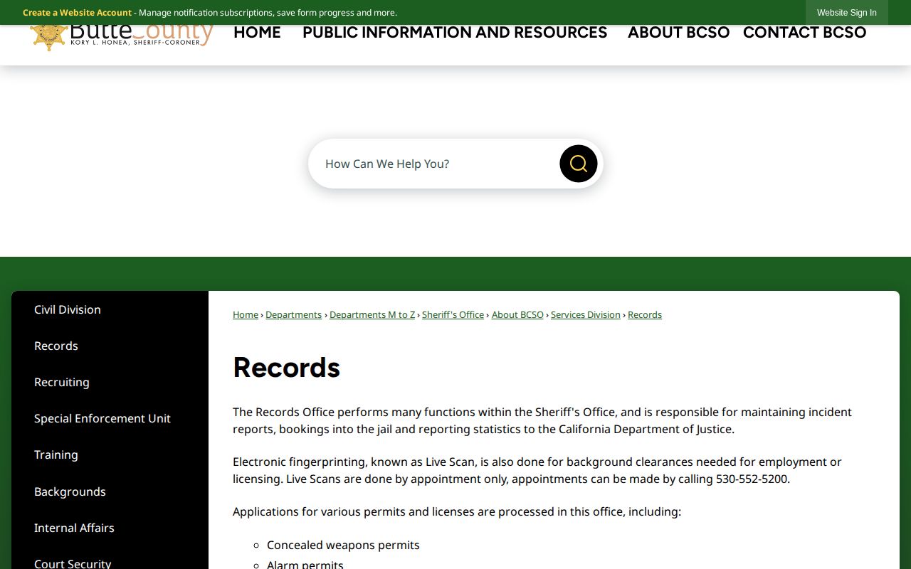 Butte County Sheriff Records page for arrest and booking records
