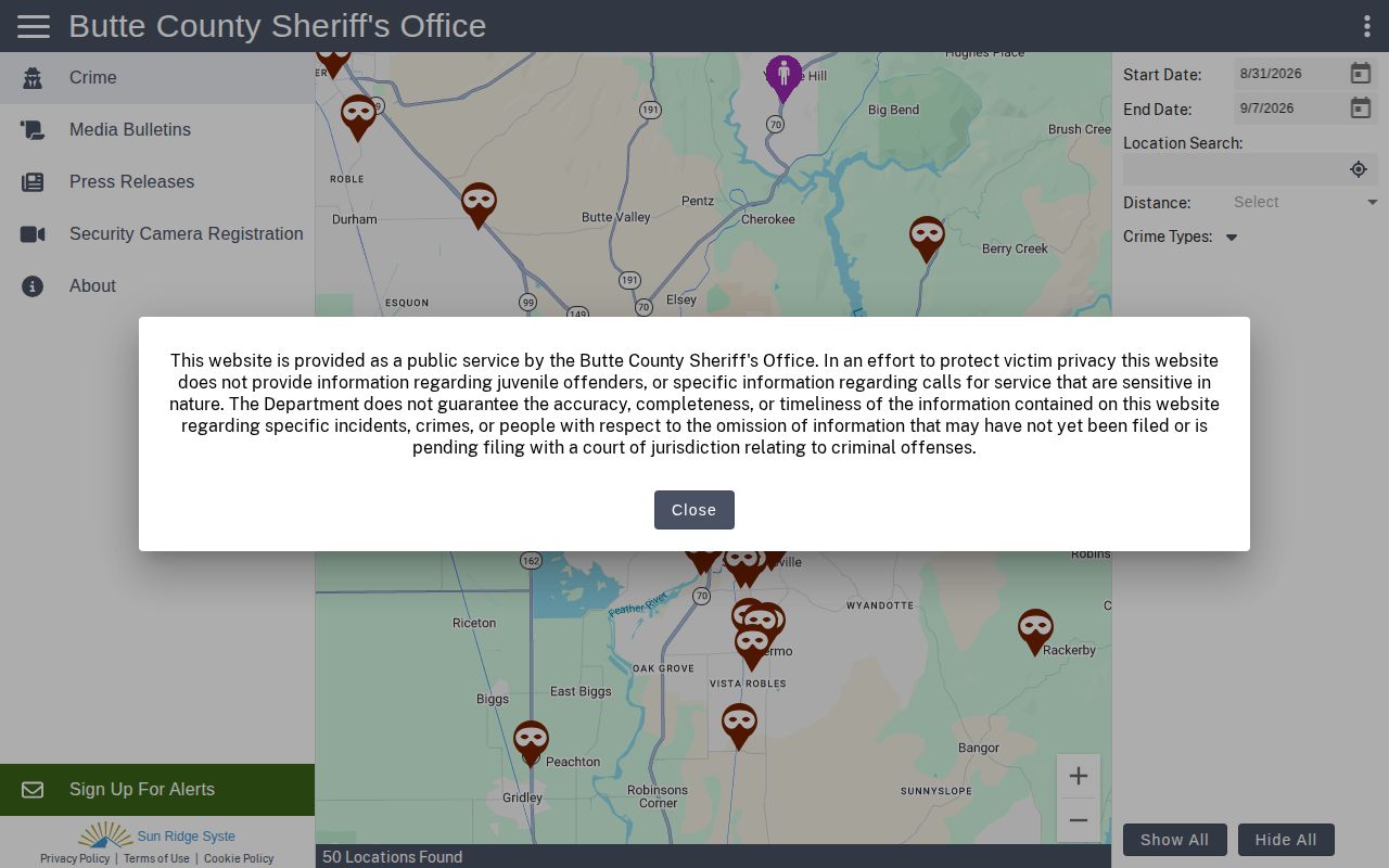 Butte County public logs interface with limited arrest and inmate modules