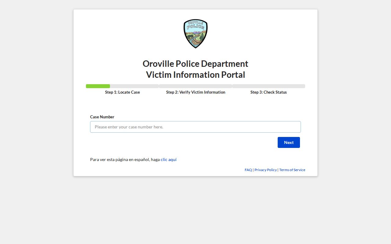 Oroville CommunityConnect case-number status tool