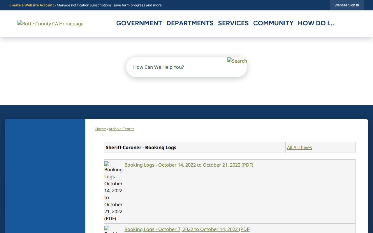 Butte County police blotter booking logs archive by week